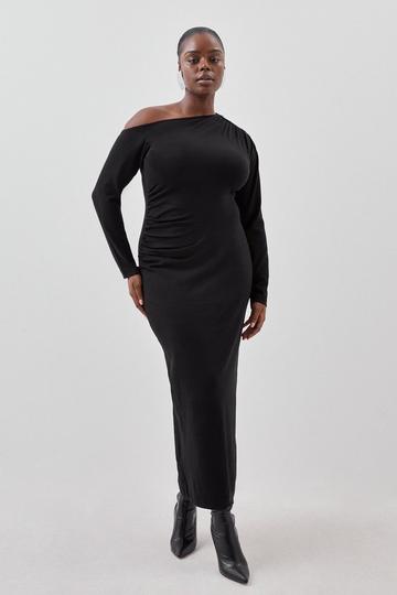 Black Plus Size Viscose Blend Asymmetric Ruched Knit Maxi Dress