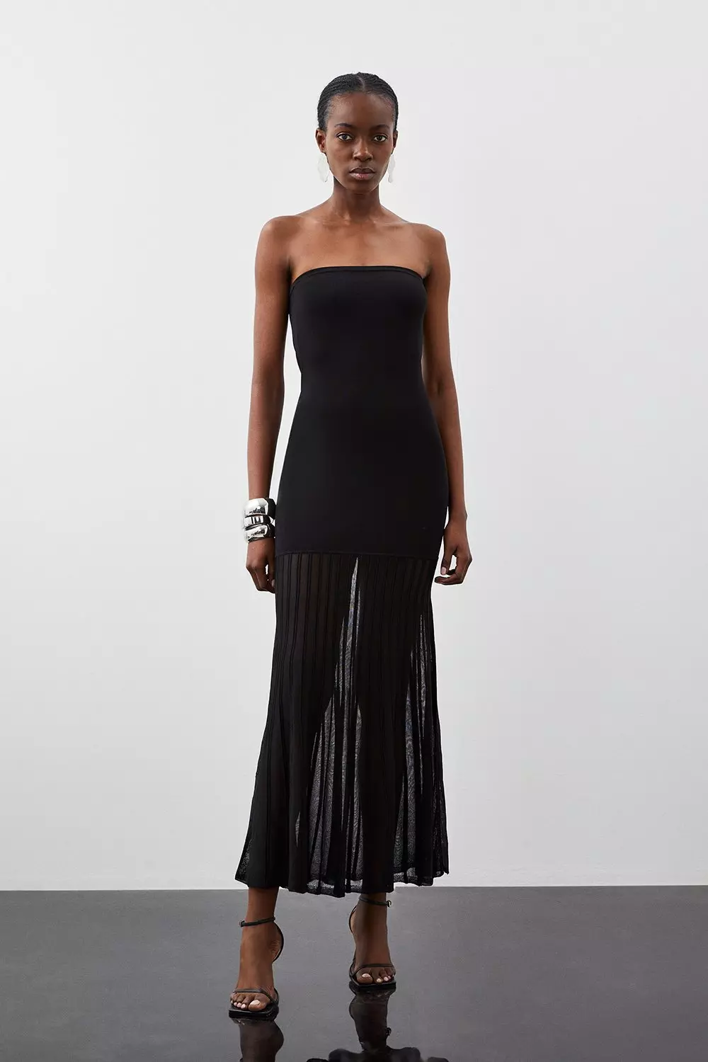 Black Mesh Bandeau Hook & Eye Binding Midaxi Dress