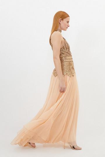 Crystal Embellished Godet Woven Maxi Dress gold