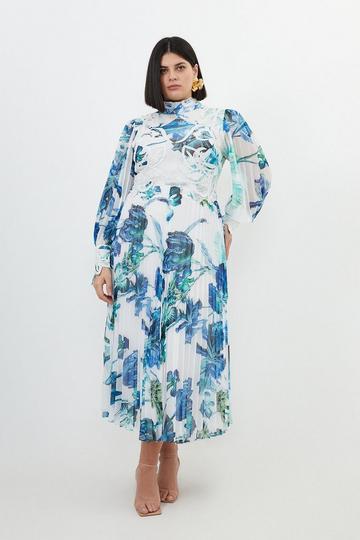 Plus Size Floral Print Lace Applique Woven Maxi Dress floral