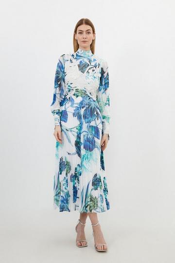 Multi Floral Printed Lace Applique Woven Maxi Dress
