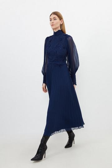 Navy Lace Applique Woven Maxi Dress