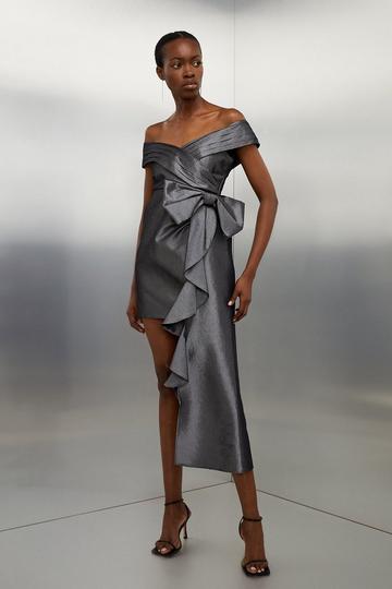Tailored Off Shoulder Metallic Bow Drape Detail Mini Dress metallic silver
