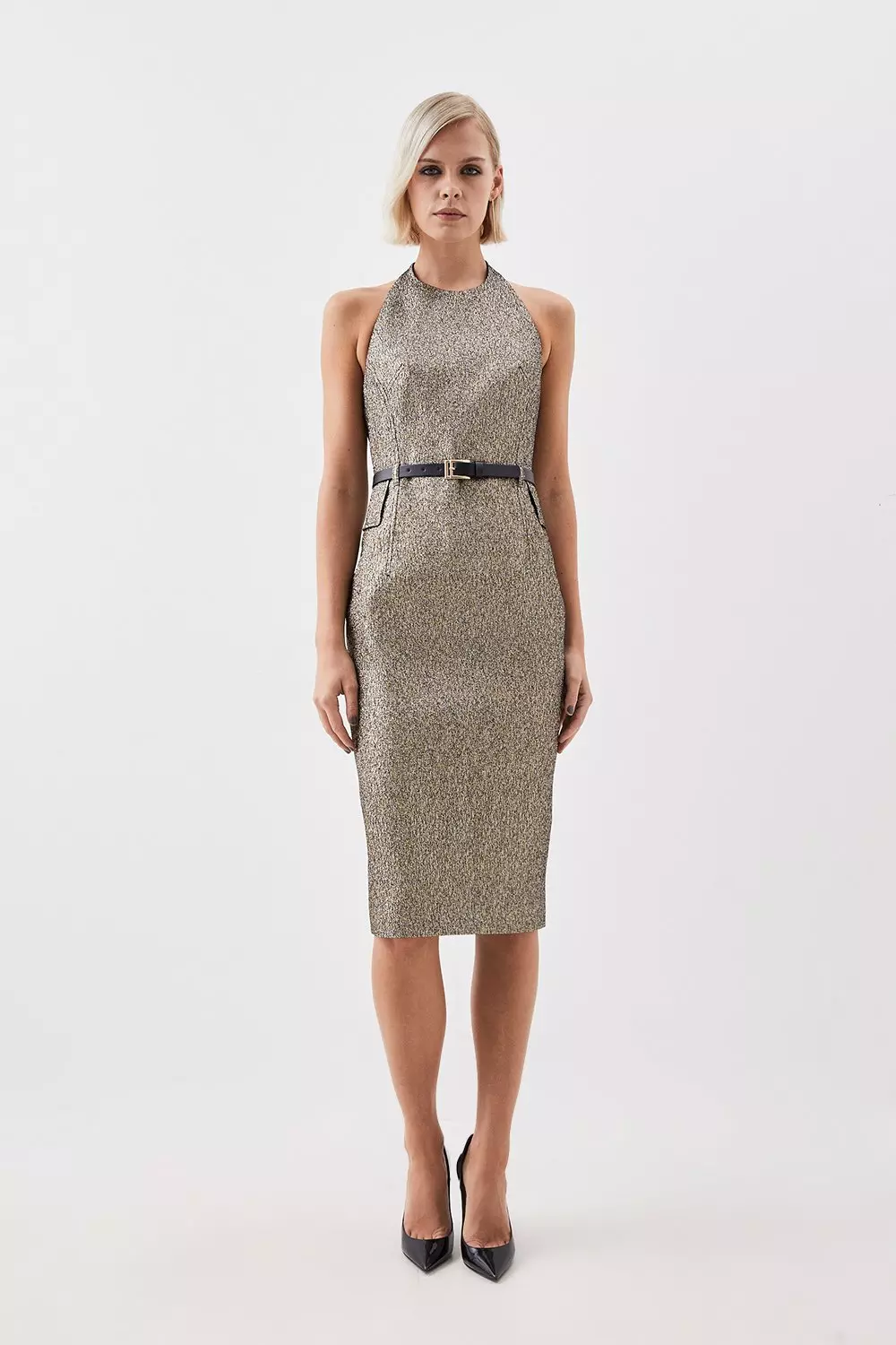 The Founder Tailored Metallic Jacquard Halter Neck Belted Midi Dress