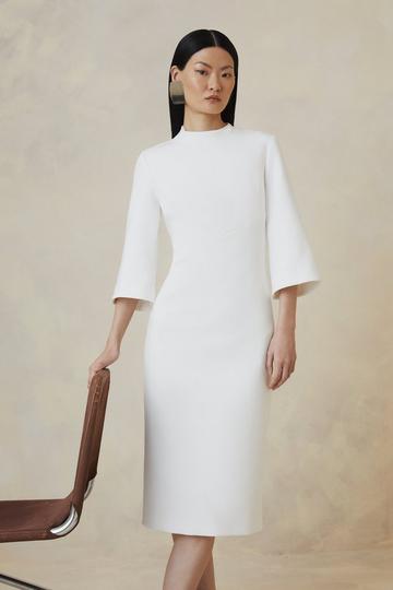 The Founder Tailored Compact Stretch Neck Tie Midi Pencil Dress ivory