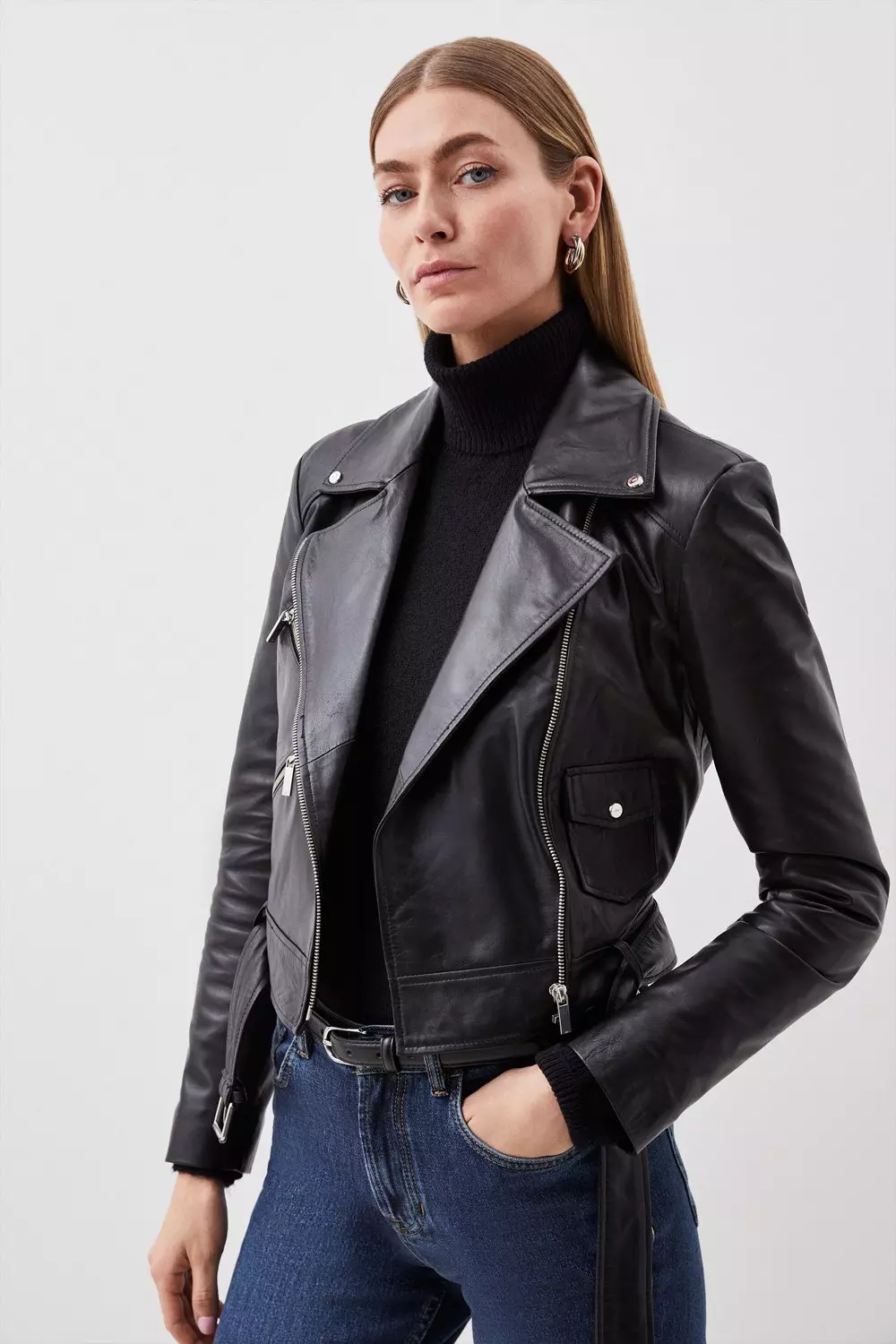 Leather Asymmetric Zip Detail Biker Jacket | Karen Millen