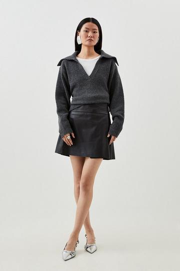 Black Leather Pleated Kilt Mini Skirt
