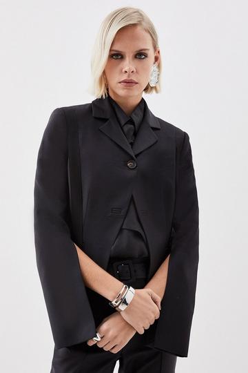 The Founder Tailored Wool Blend Tie Detail Jacket black