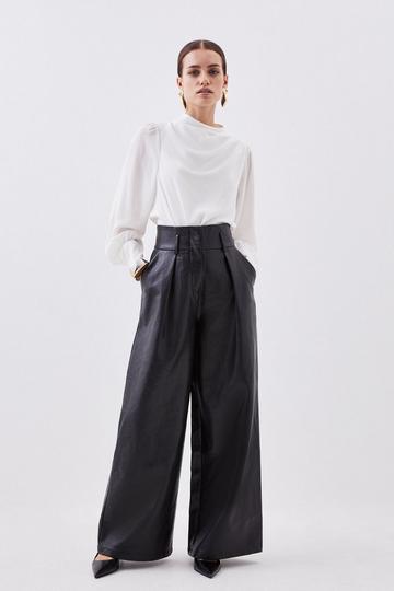 Petite Faux Leather High Waisted Wide Leg Pants black