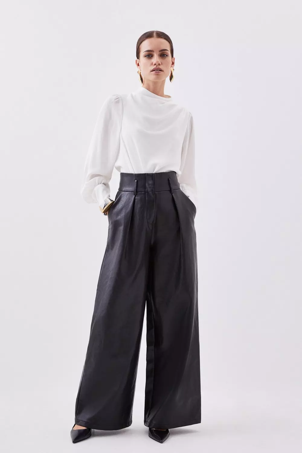 Petite Faux Leather Pull On Trousers in Black