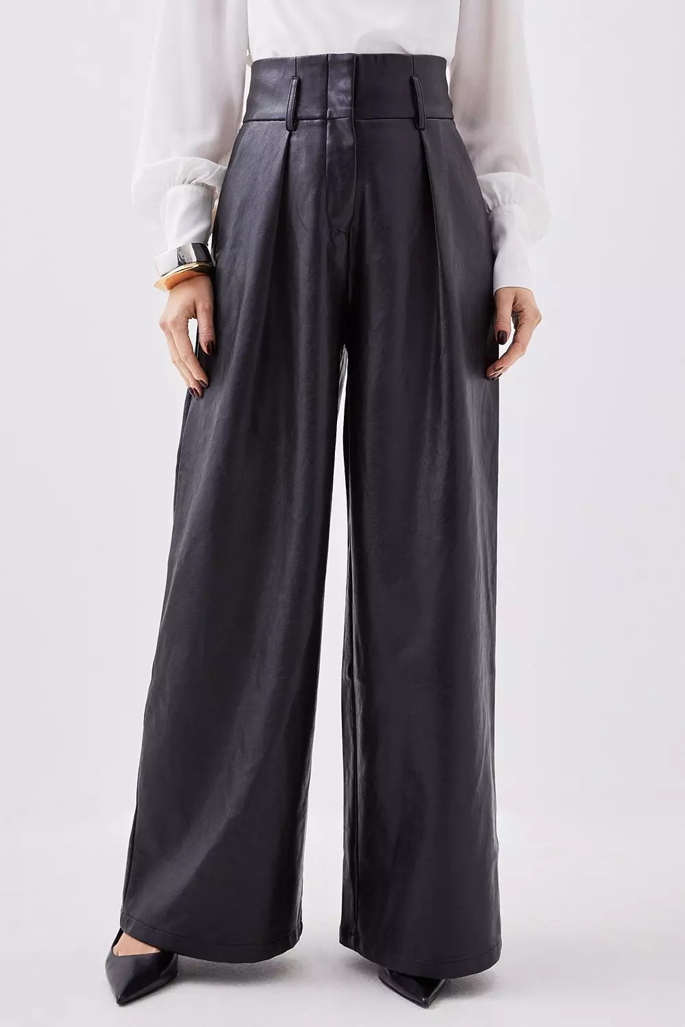 Leather Belted High Waisted Wide Leg Pants | Karen Millen