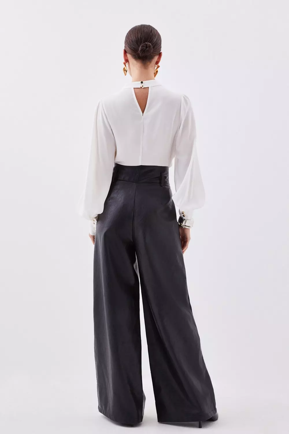 Petite Faux Leather High Waisted Wide Leg Pants | Karen Millen