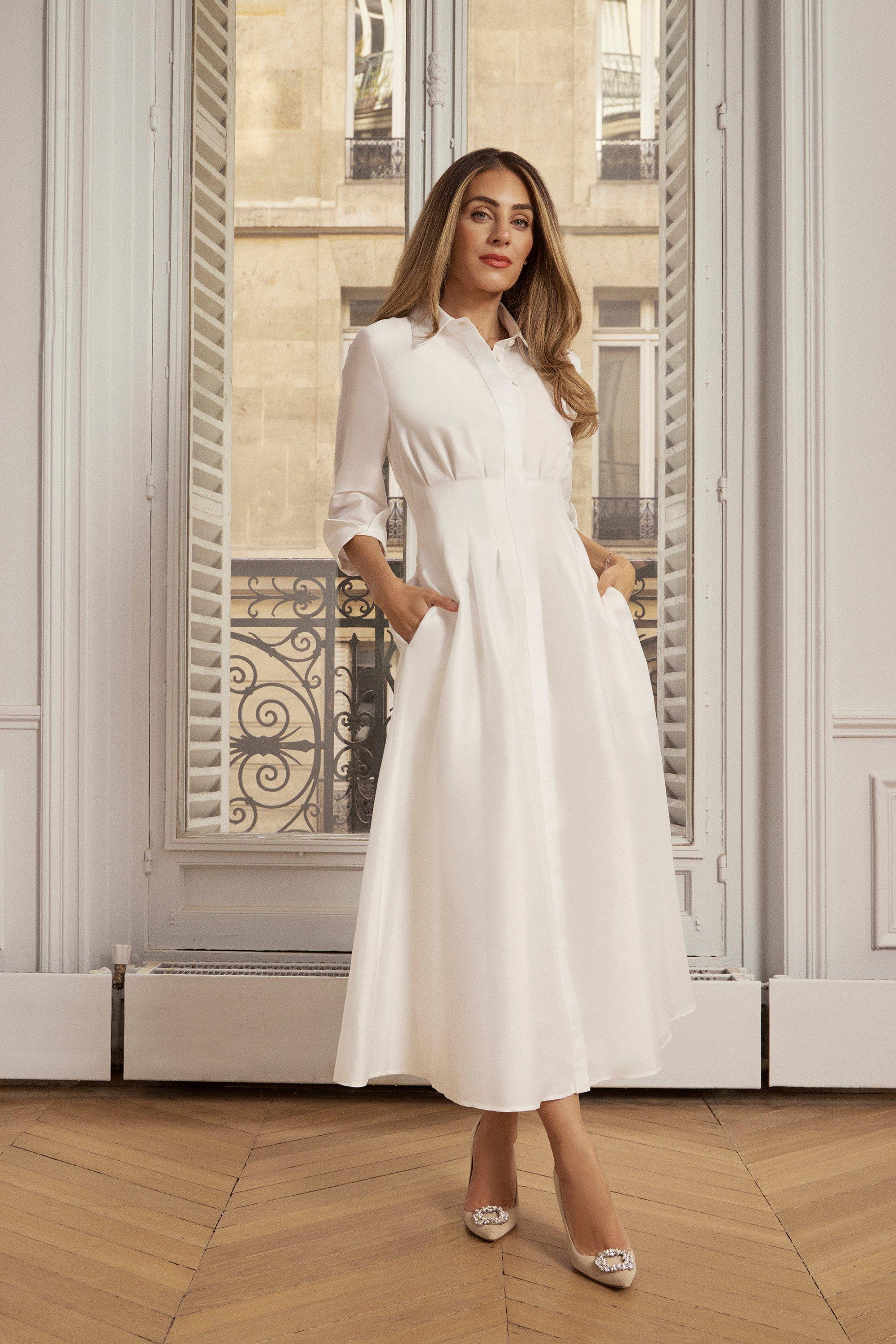 Lydia Millen Tailored Taffeta Darted Waist Midi Dress - Ivory
