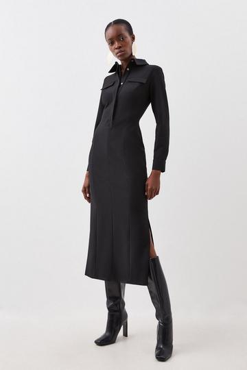 Black Compact Stretch Midi Shirt Dress