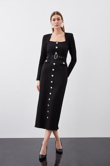 Black Jersey Ponte Hardwear Long Sleeve Maxi Dress
