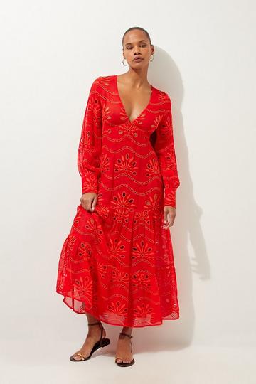 Red Viscose Georgette Cutwork Beach Maxi Dress