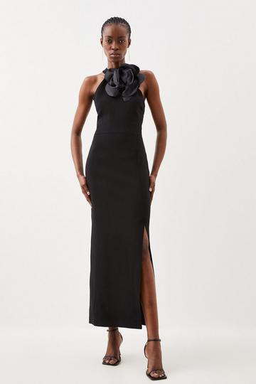 Black Petite Compact Viscose Corsage Halterneck Midaxi Dress