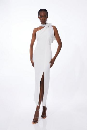 Ivory White Viscose Satin Back Crepe Embellished Tie Detail Midi Dress