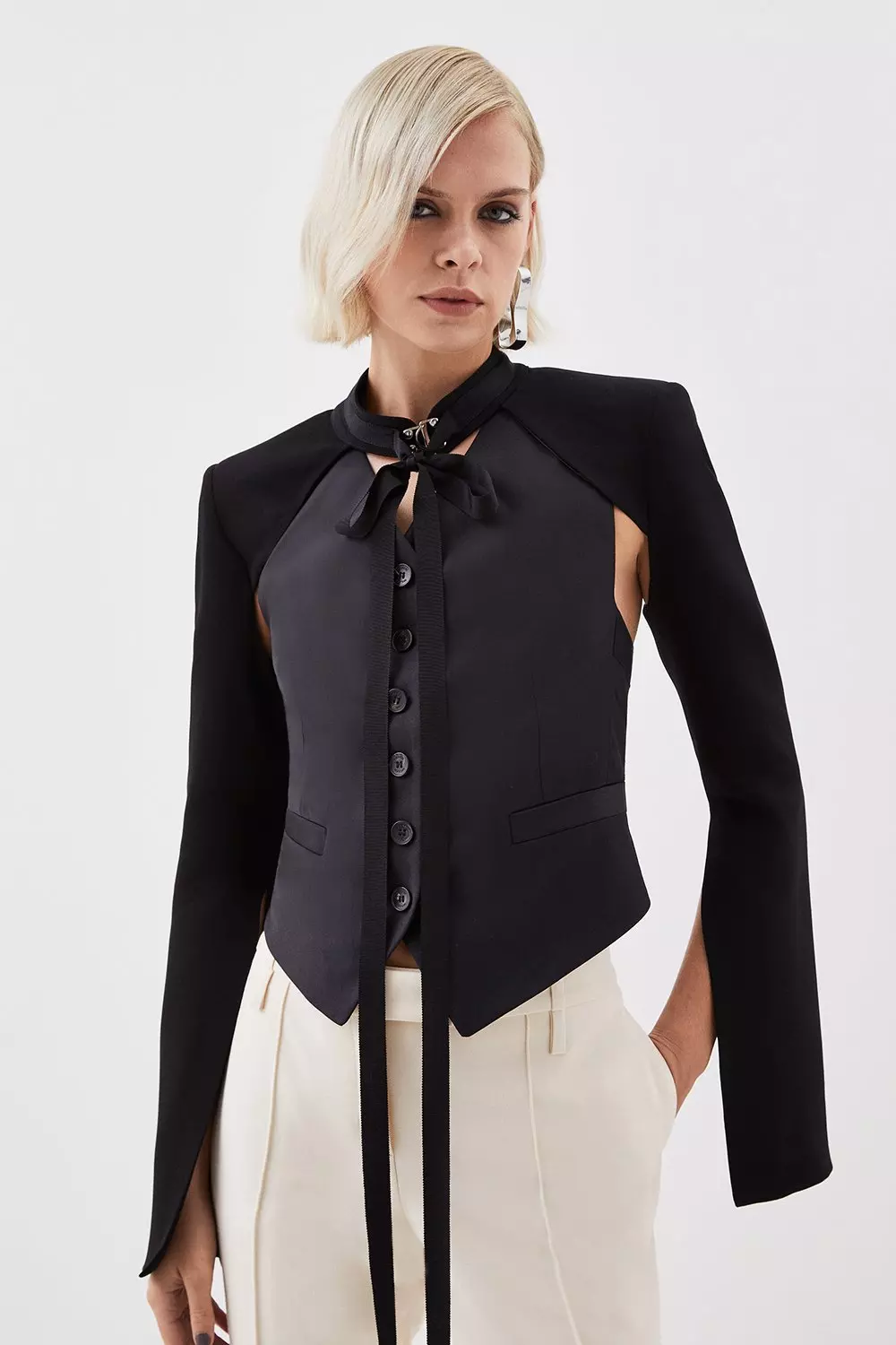 The Founder Compact Stretch Viscose Tie Bolero Jacket | Karen Millen