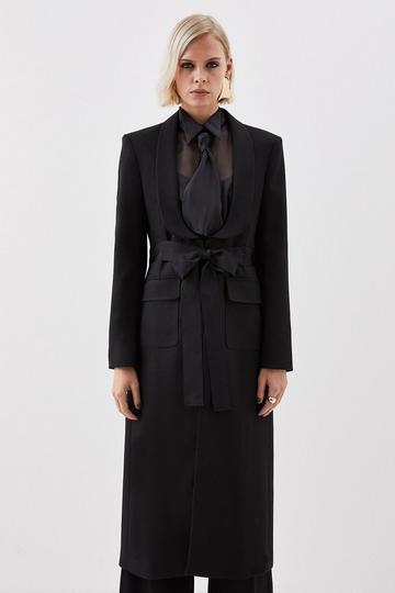 The Founder Premium Twill Tie Waist Detail Maxi Coat black