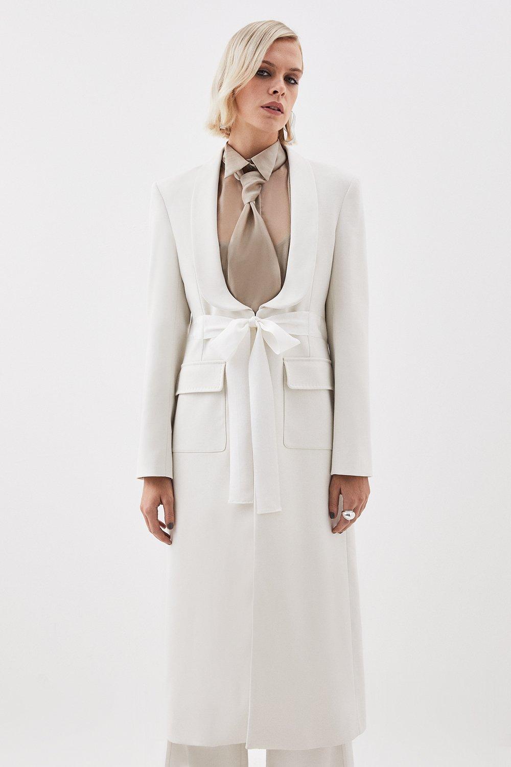 The Founder Premium Twill Tie Waist Detail Maxi Coat - Ivory