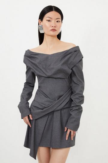 Grey Grey Marl Woven Wool Mix Bardot Mini Dress