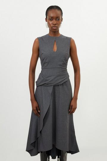 Grey Grey Marl Woven Wool Mix Keyhole Midi Dress