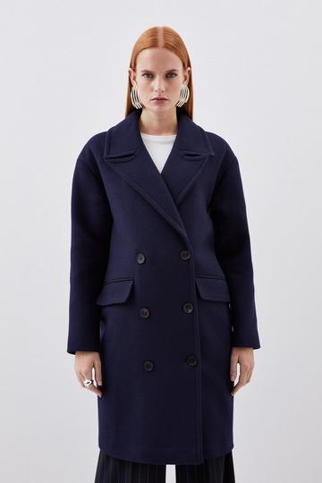 Navy Italian Wool Blend Tailored Double Breasted Midi Coat