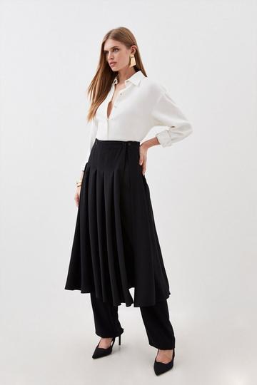 Black Tailored Crepe Detachable Layered Skirt Detail Pants
