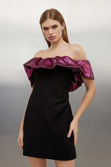 Black Tailored Compact Stretch Ruffle Detail Bardot Mini Dress