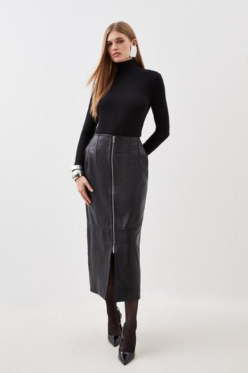 Black Leather Zip Through Maxi Pencil Skirt