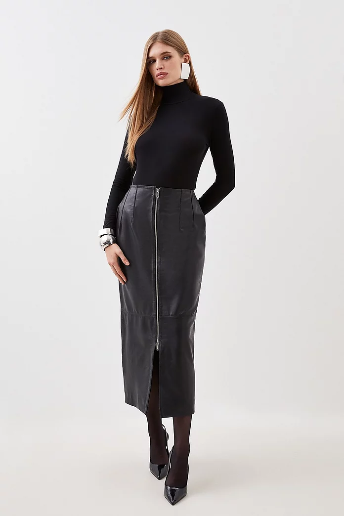 Leather Zip Through Maxi Pencil Skirt | Karen Millen