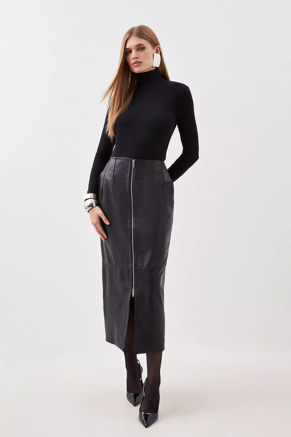 Leather Zip Through Maxi Pencil Skirt