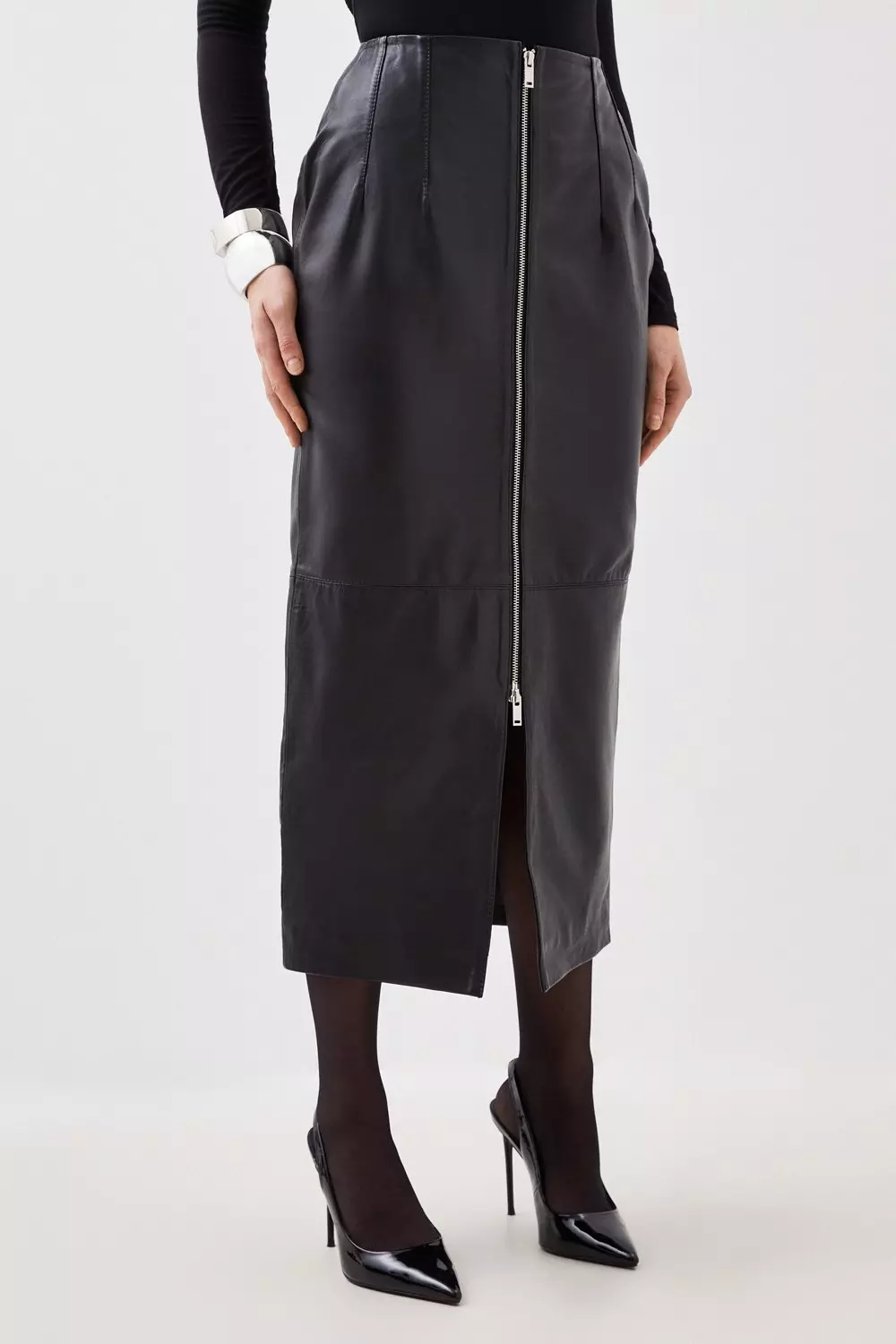 Leather Zip Through Maxi Pencil Skirt | Karen Millen