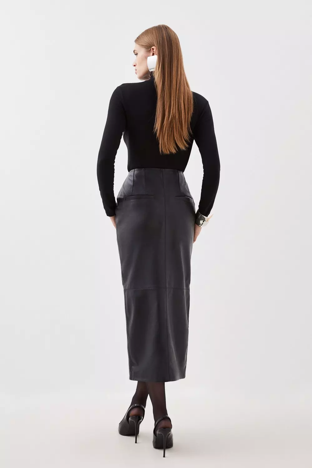 Black leather midi skirt with clearance zip