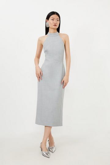 Grey Tailored Wool Blend Tie Back Detail Halter Neck Pencil Dress