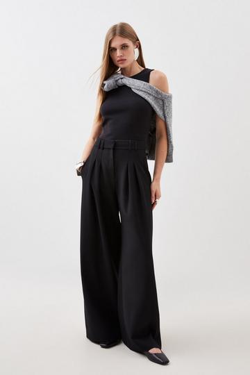 Black Compact Stretch Tailored Pleated Straight Leg Pants