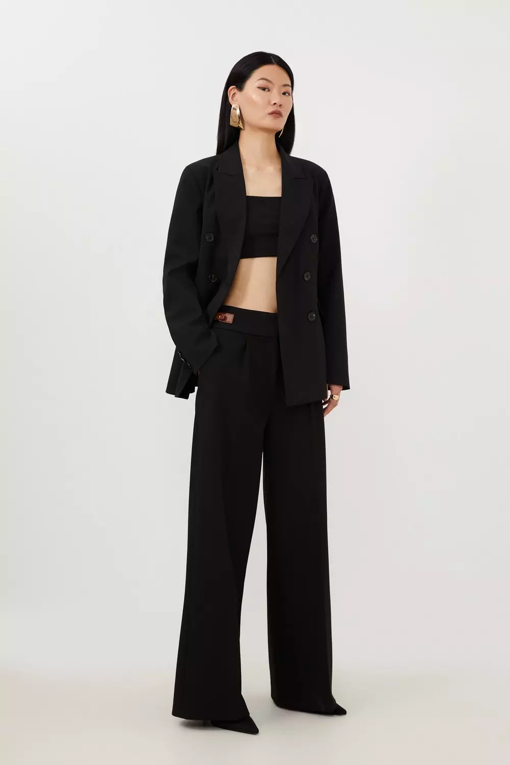 Tailored Compact Stretch Tab Detail Wide Leg Pants | Karen Millen