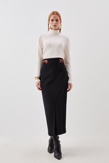 Black Tailored Compact Stretch Tab Detail Midi Skirt