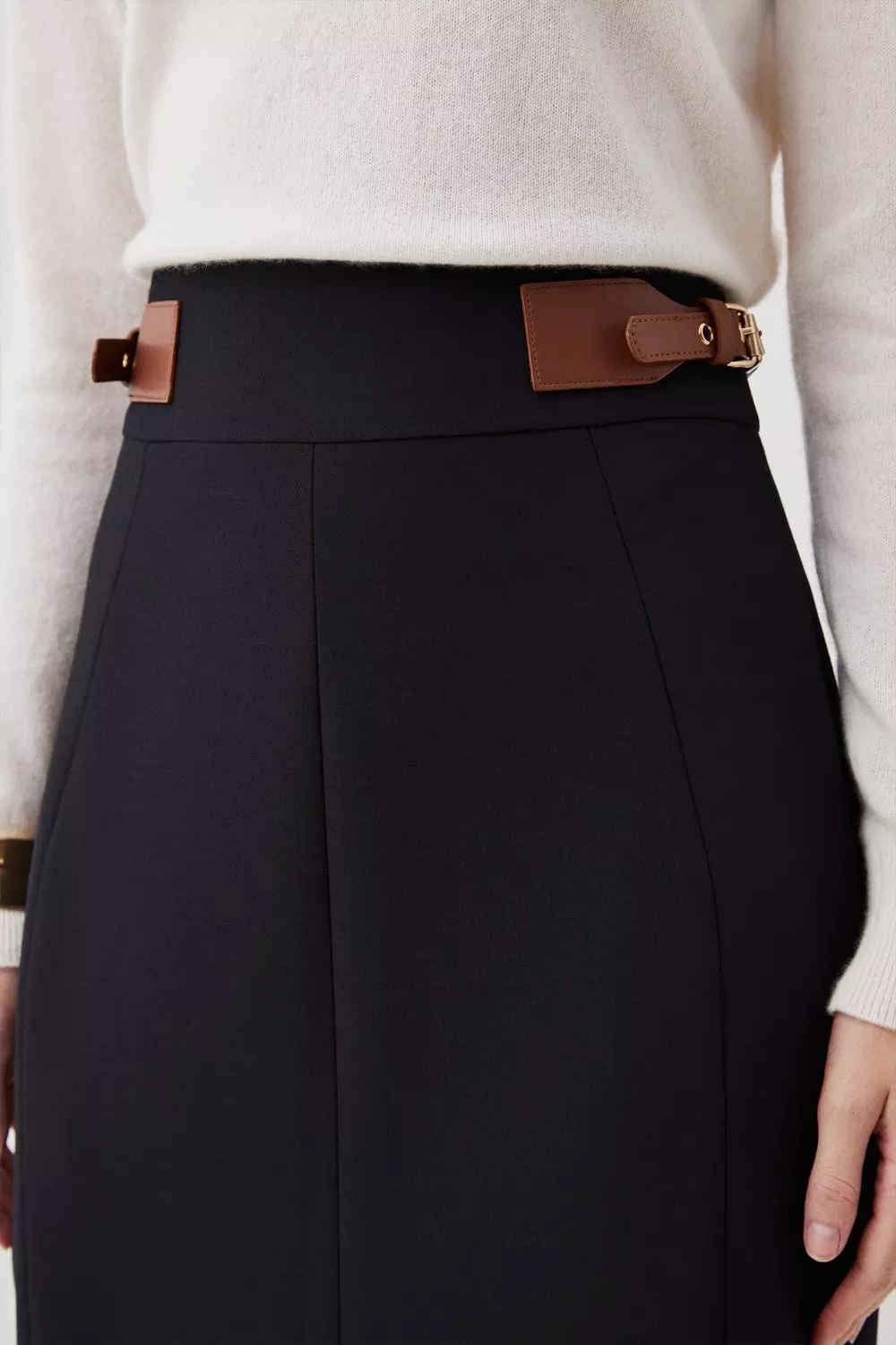 Tailored Compact Stretch Tab Detail Midi Skirt | Karen Millen