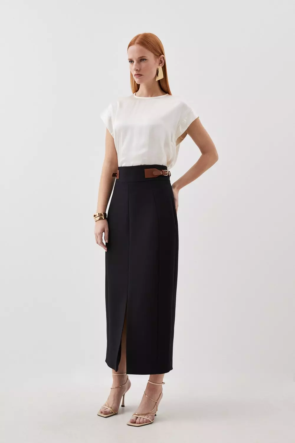 Tailored Compact Stretch Tab Detail Midi Skirt