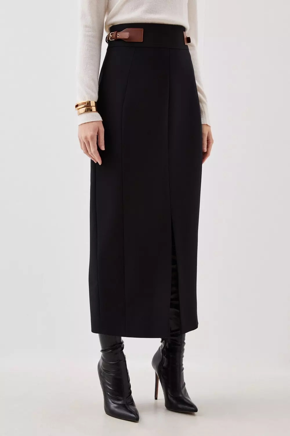 Tailored Compact Stretch Tab Detail Midi Skirt