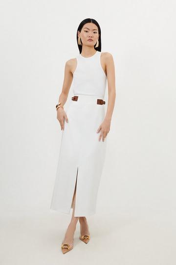 Tailored Compact Stretch Tab Detail Midi Skirt ivory