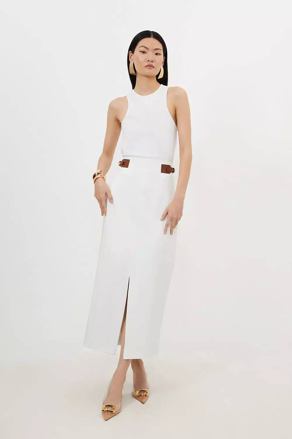 Tailored Compact Stretch Tab Detail Midi Skirt