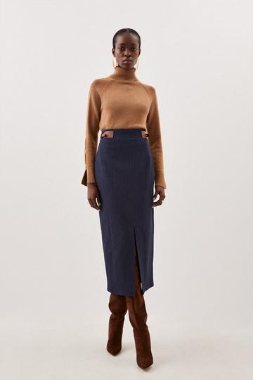 Blue Tailored Denim Tab Detail Midi Skirt