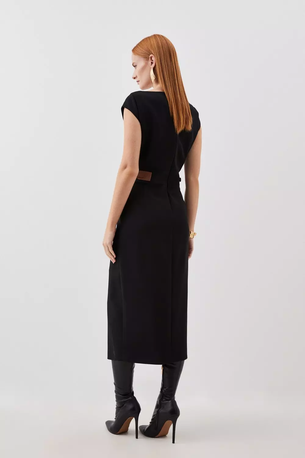 Compact Stretch Tailored Tab Detail Cap Sleeve Midi Dress Karen Millen