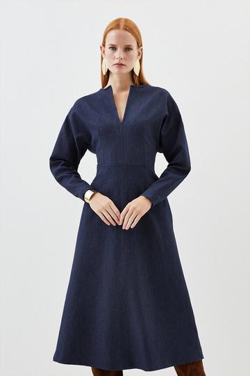 Tailored Denim Rounded Sleeve Midi Dress dark blue