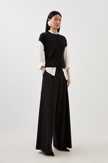 Black Viscose Linen Tailored Pleated Button Detail Straight Leg Trousers