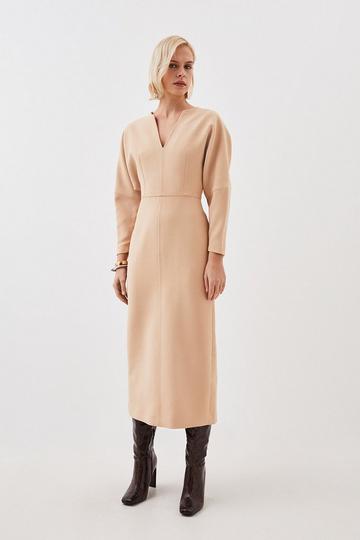 Clean Tailored Seam Detail Rounded Sleeve Midi Dress camel