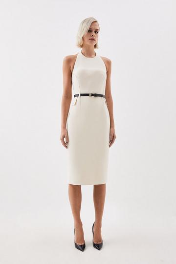 The Founder Compact Stretch Halter Neck Belted Midi Dress cream
